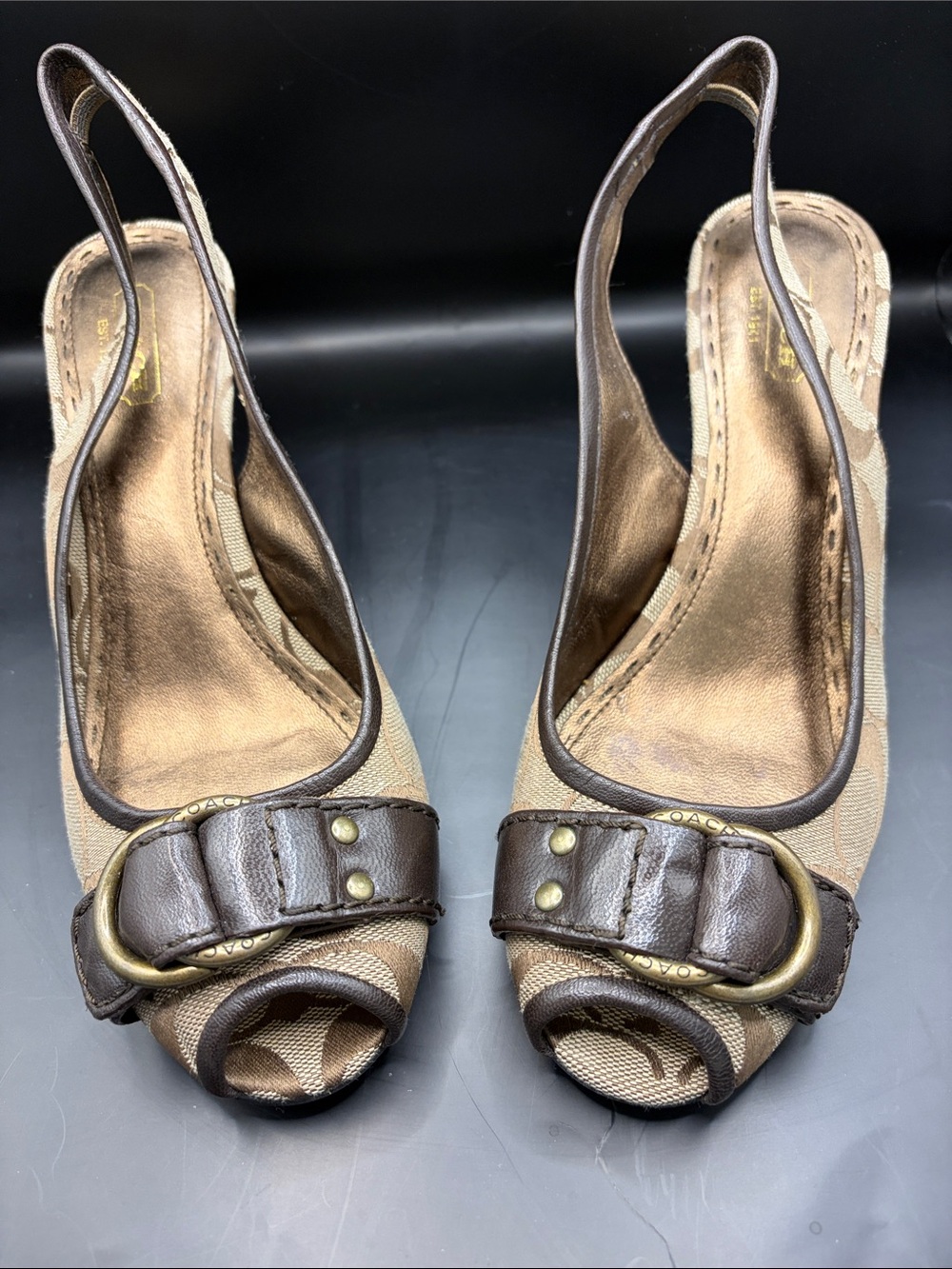 Coach Brown Canvas & Dark Brown Leather Peep-Toe Slingback Heels